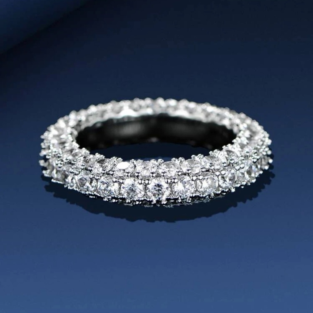 New Woman’s 18K Gold Plated Sterling Silver 3 Row White Sapphire Eternity Ring - Picture 7 of 11